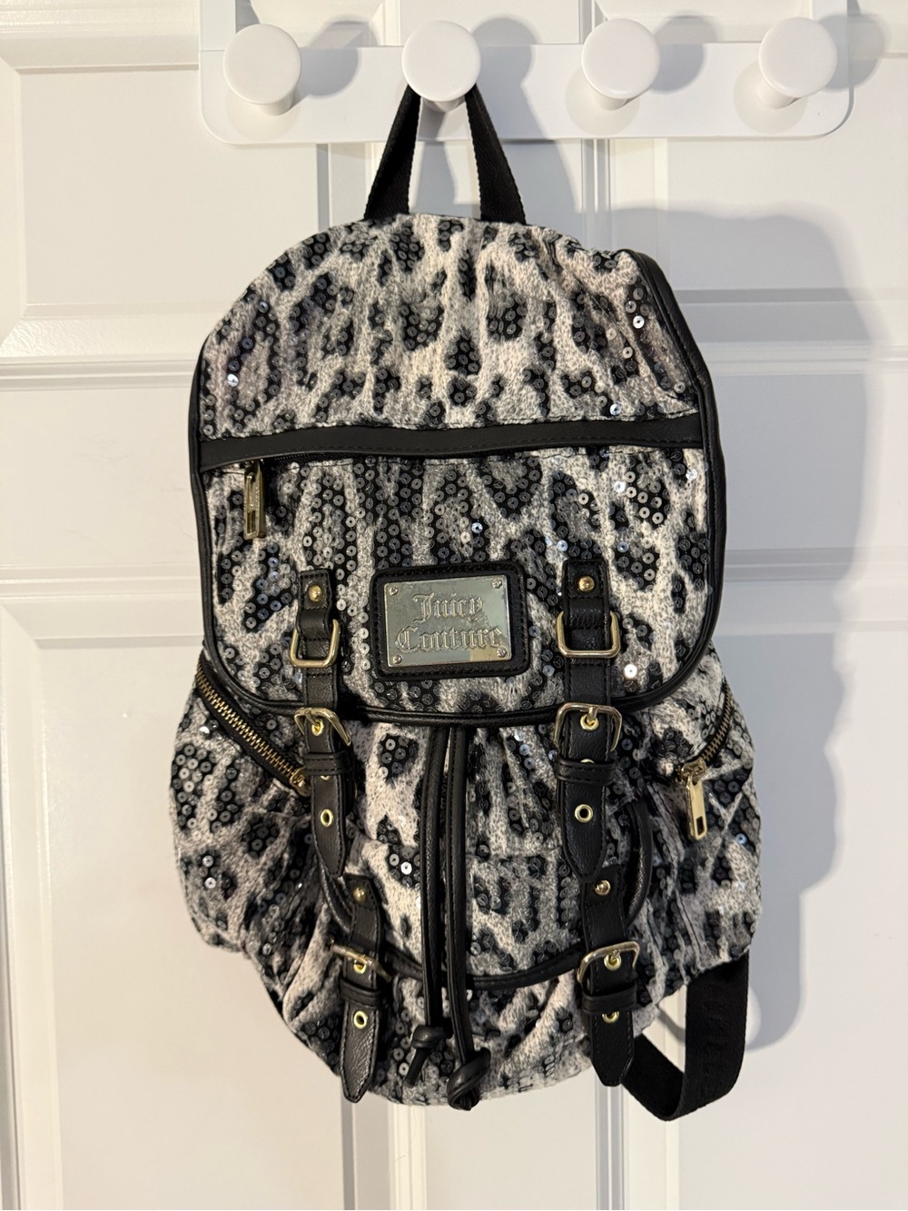 Vintage Juicy Couture Holographic Silver Sequin Leopard Print Backpack Y2K
